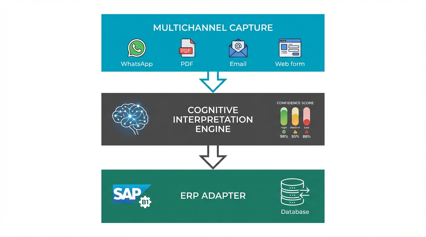 Three-layer Asymmetric EDI architecture: Multichannel Capture → Cognitive Engine → ERP Adapter