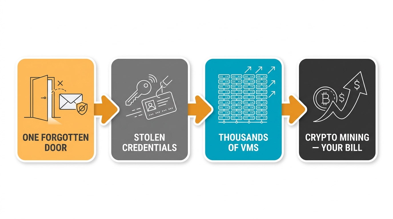 Anatomy of the cascade: one forgotten door without MFA leads to stolen credentials, thousands of VMs, and a crypto-mining bill